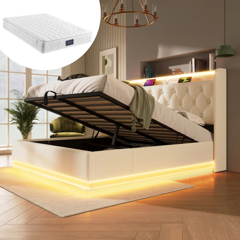 Polsterbett Doppelbett, 360-Surround-LED-Funktion, Drucktaste/App/Fernbedienung, 160*200 cm, weiß PU-Material Hydraulische...