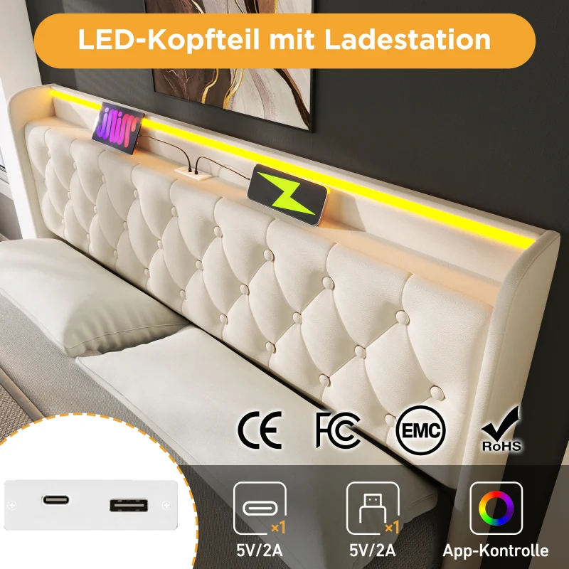 Polsterbett Doppelbett, 360-Surround-LED-Funktion, Drucktaste/App/Fernbedienung, 160*200 cm, weiß PU-Material Hydraulische...