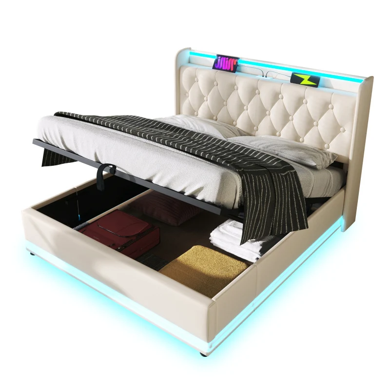Polsterbett Doppelbett, 360-Surround-LED-Funktion, Drucktaste/App/Fernbedienung, 160*200 cm, weiß PU-Material Hydraulische...