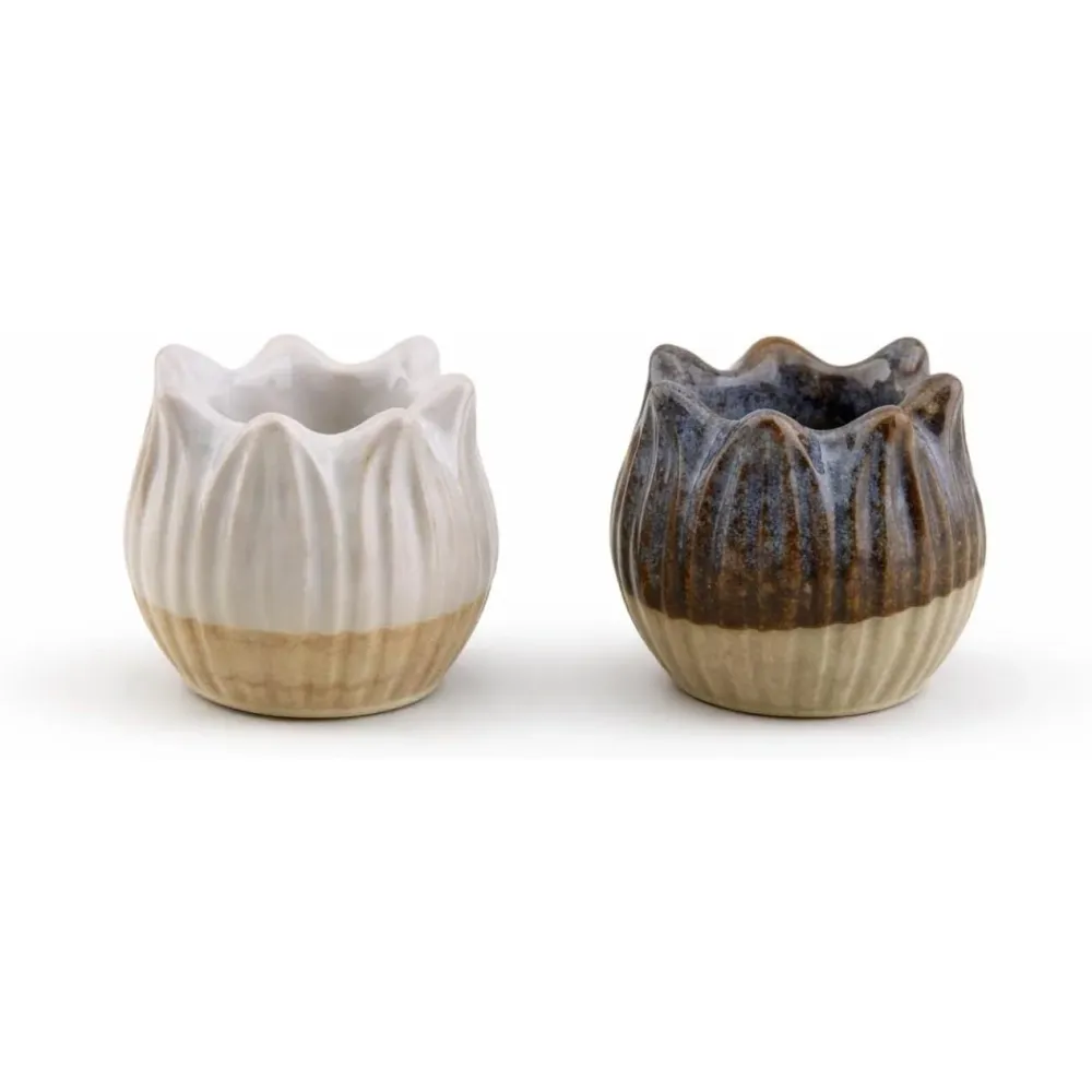 Porzellan-Kerzenhalter Tulpe 2er Set glasiert 4 cm – Creme und braun Sortiert – kleine Kerzenständer für Stabkerzen – Früh...