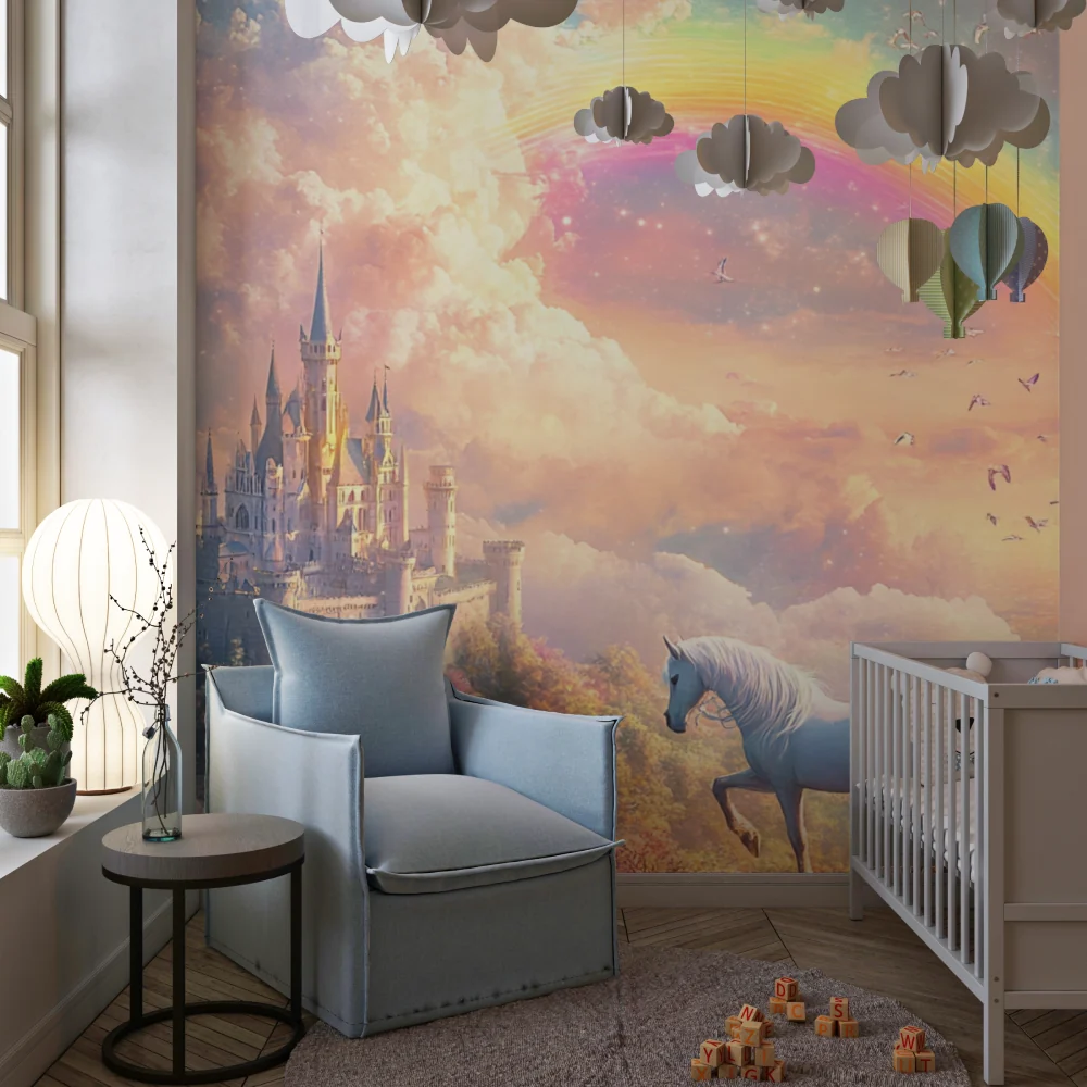 Prinzessin Tapete | Magisches Schloss mit Regenbogen und Einhorn