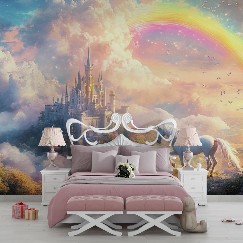 Prinzessin Tapete | Magisches Schloss mit Regenbogen und Einhorn