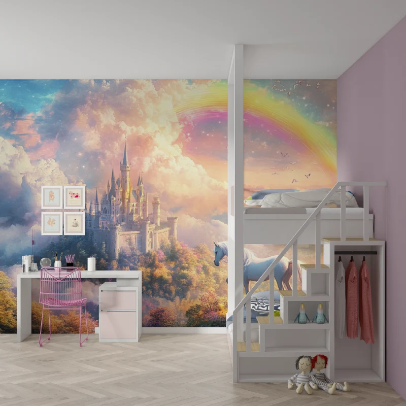 Prinzessin Tapete | Magisches Schloss mit Regenbogen und Einhorn