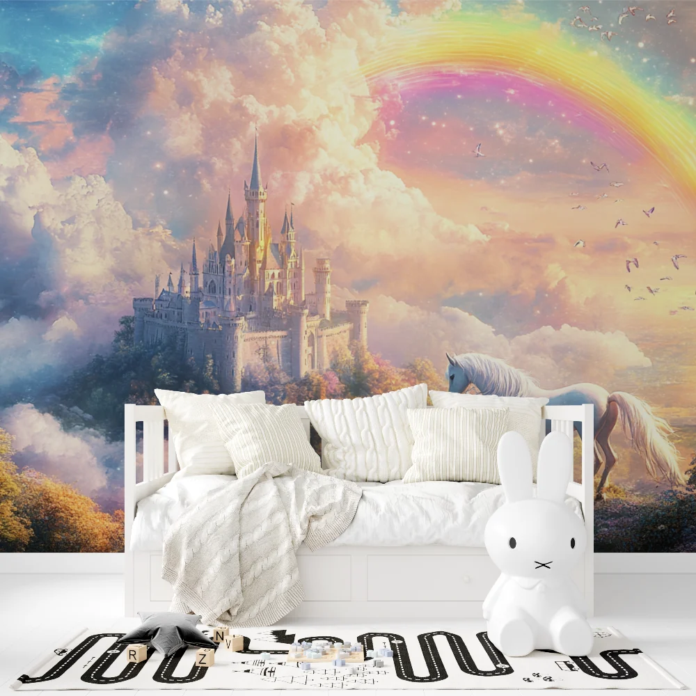 Prinzessin Tapete | Magisches Schloss mit Regenbogen und Einhorn