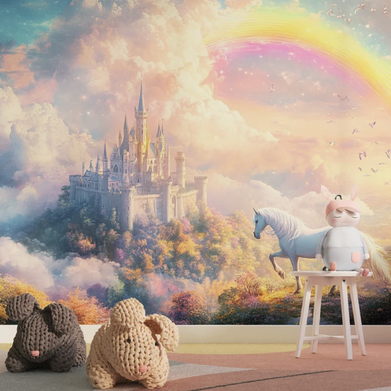 Prinzessin Tapete | Magisches Schloss mit Regenbogen und Einhorn