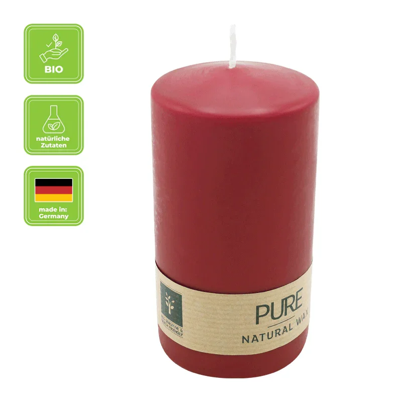 PURE NATURAL WAX, Karminrot, Stumpenkerze, WENZEL, 130/70 mm, Brenndauer ca. 47h, 100% plastikfrei