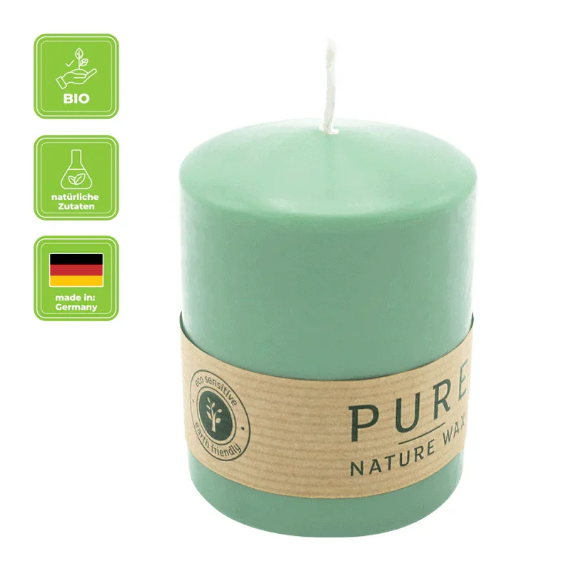 PURE NATURAL WAX, Smaragd, Stumpenkerze, WENZEL, 90/70 mm, Brenndauer ca. 30h, 100% plastikfrei