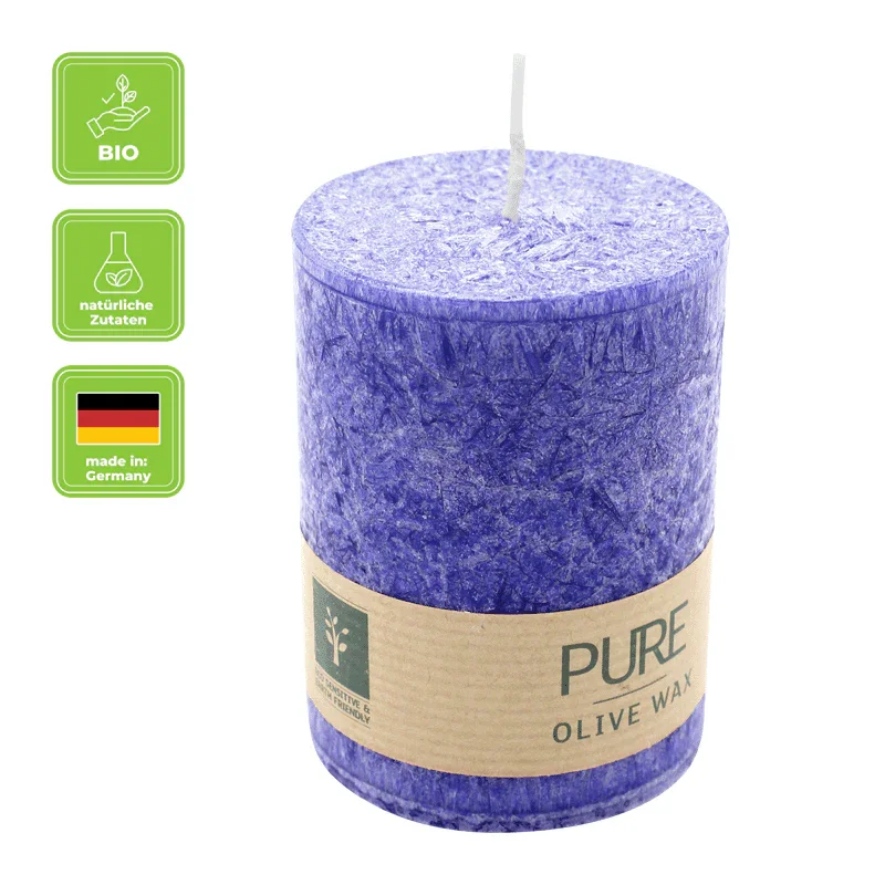 PURE OLIVE WAX, Nachtblau, vegane Stumpenkerze, WENZEL, 90/70 mm, Brenndauer ca. 30h