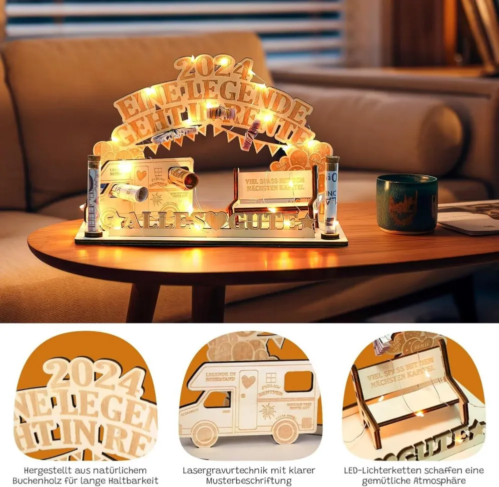 Ruhestand Geschenk Holz LED-Lichterkette Rentner 2024 Mann