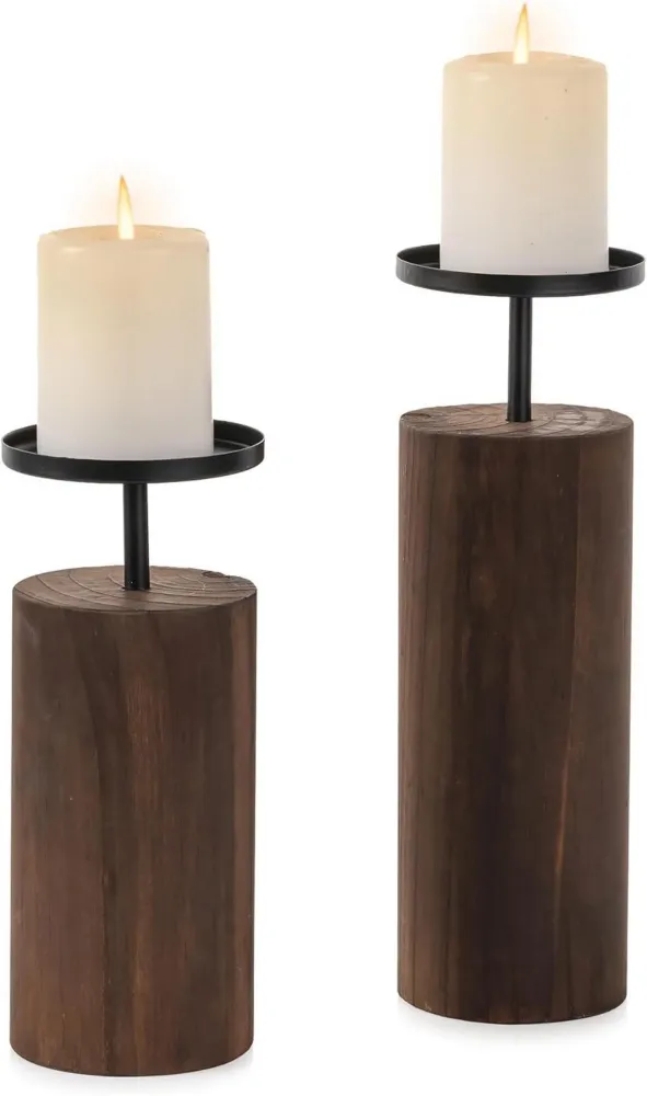 Rustikaler Holz-Kerzenhalter 2er Set für Stumpenkerzen
