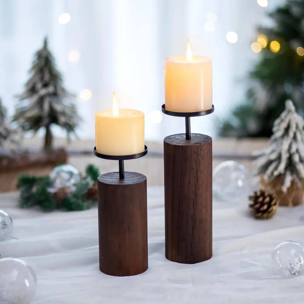 Rustikaler Holz-Kerzenhalter 2er Set für Stumpenkerzen