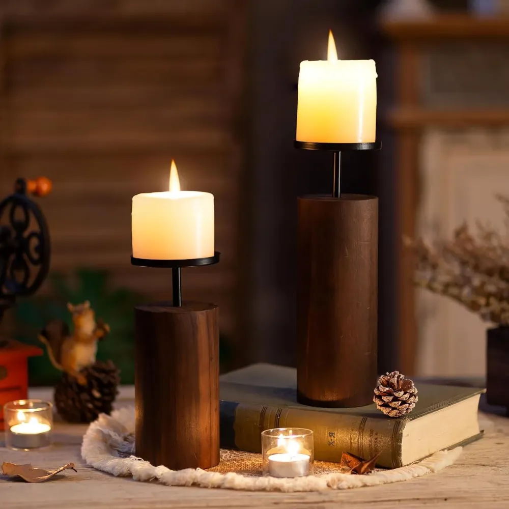 Rustikaler Holz-Kerzenhalter 2er Set für Stumpenkerzen