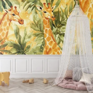 Safari Tapete | Aquarell Giraffen und tropische Blätter