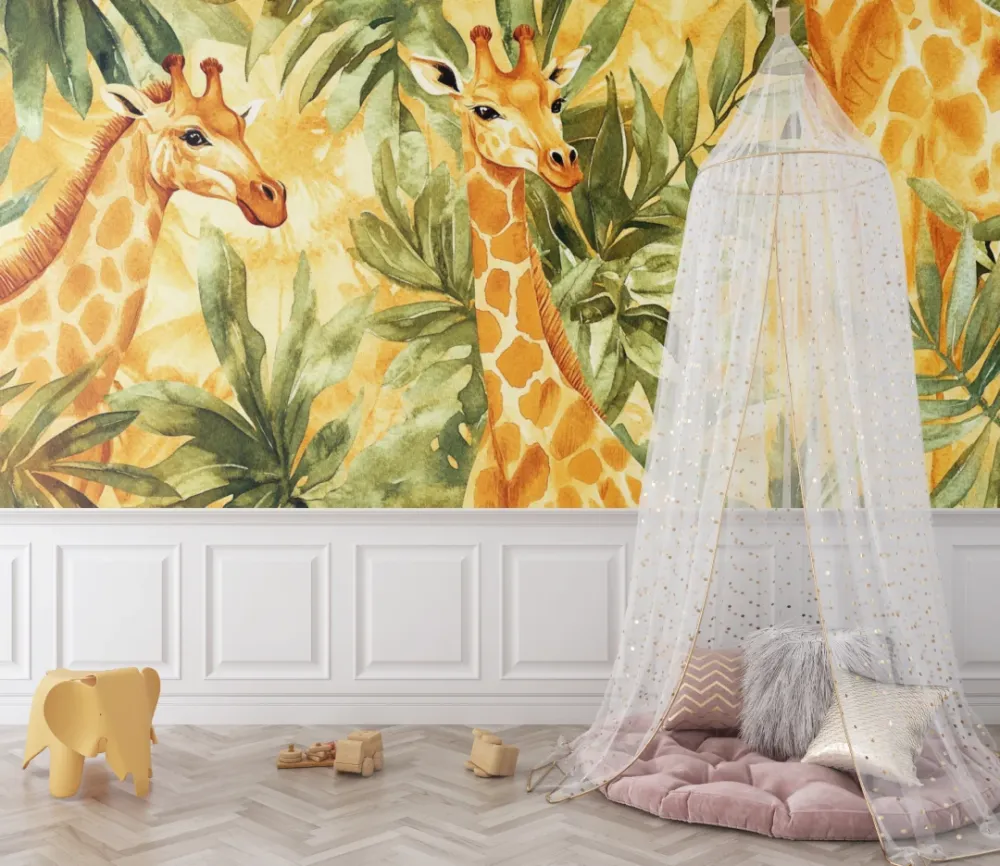 Safari Tapete | Aquarell Giraffen und tropische Blätter
