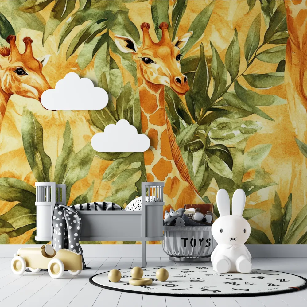Safari Tapete | Aquarell Giraffen und tropische Blätter