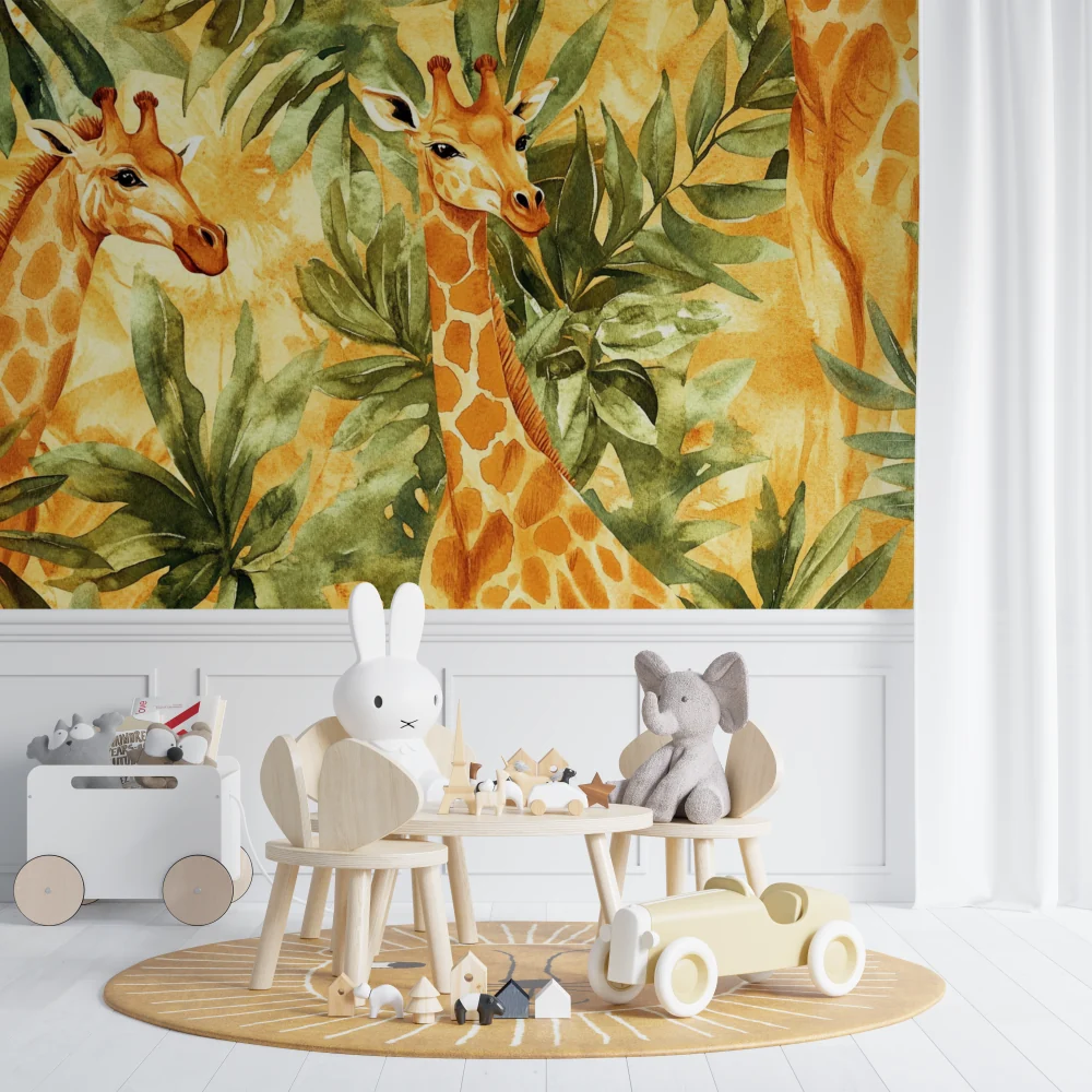 Safari Tapete | Aquarell Giraffen und tropische Blätter