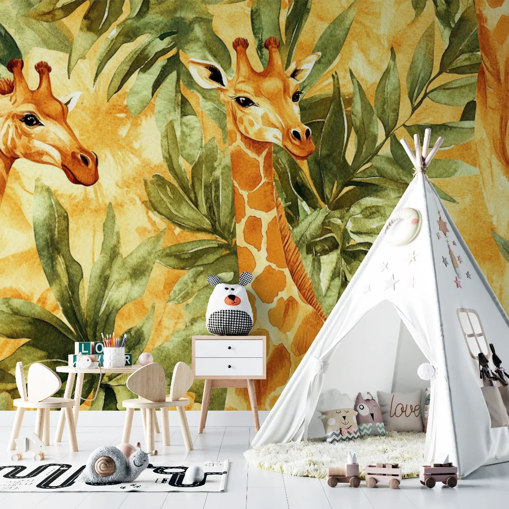 Safari Tapete | Aquarell Giraffen und tropische Blätter