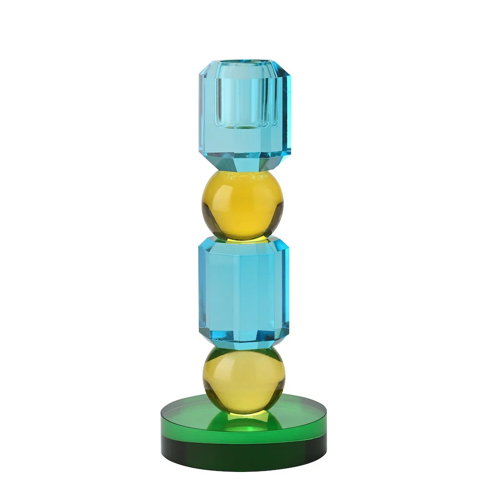 SARI Kristallglas Kerzenhalter, H18,5cm Blau-Gelb-Grün