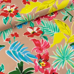 Stretch Baumwollsatin Blumen bunt auf Camel