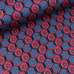 Stretch Baumwollsatin Fancy Kleines Blumenmuster cyclam-türkis-koralle-bunt