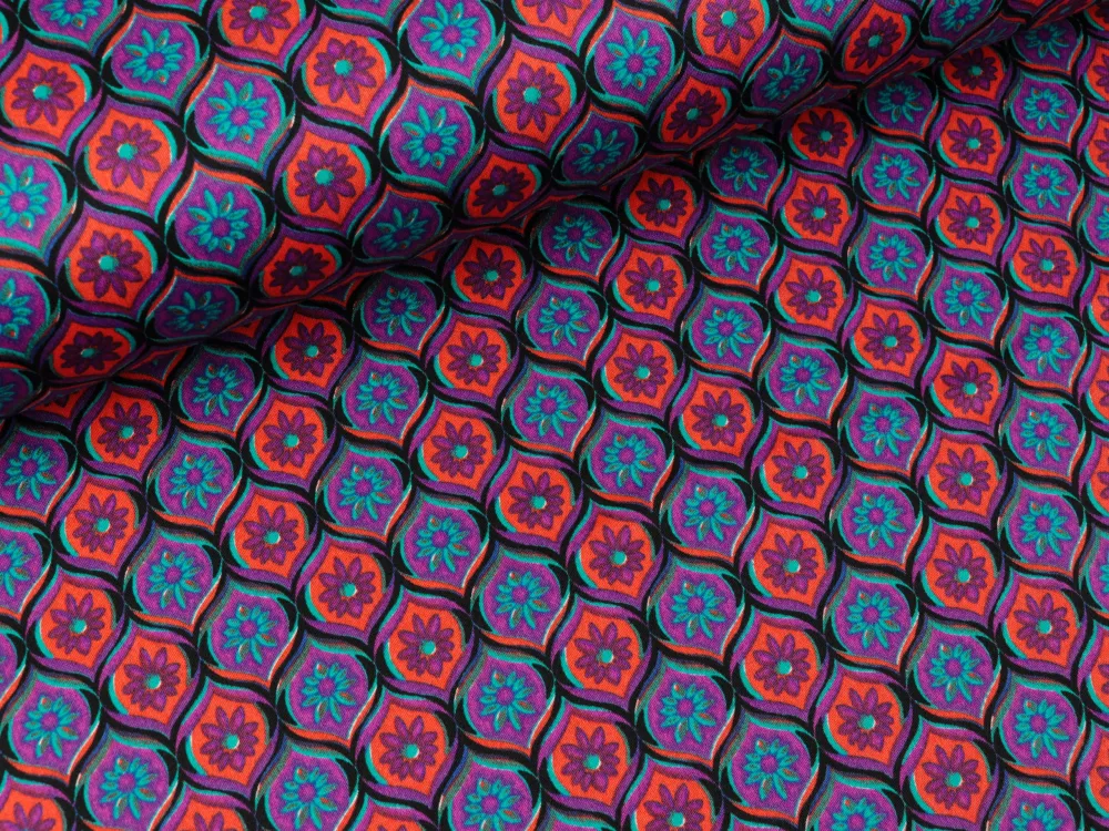 Stretch Baumwollsatin Fancy Kleines Blumenmuster cyclam-türkis-koralle-bunt