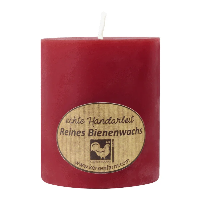 Stumpenkerze, 100% reines Bienenwachs, Dunkelrot, KERZENFARM HAHN, 75/64 mm, Brenndauer ca. 30h