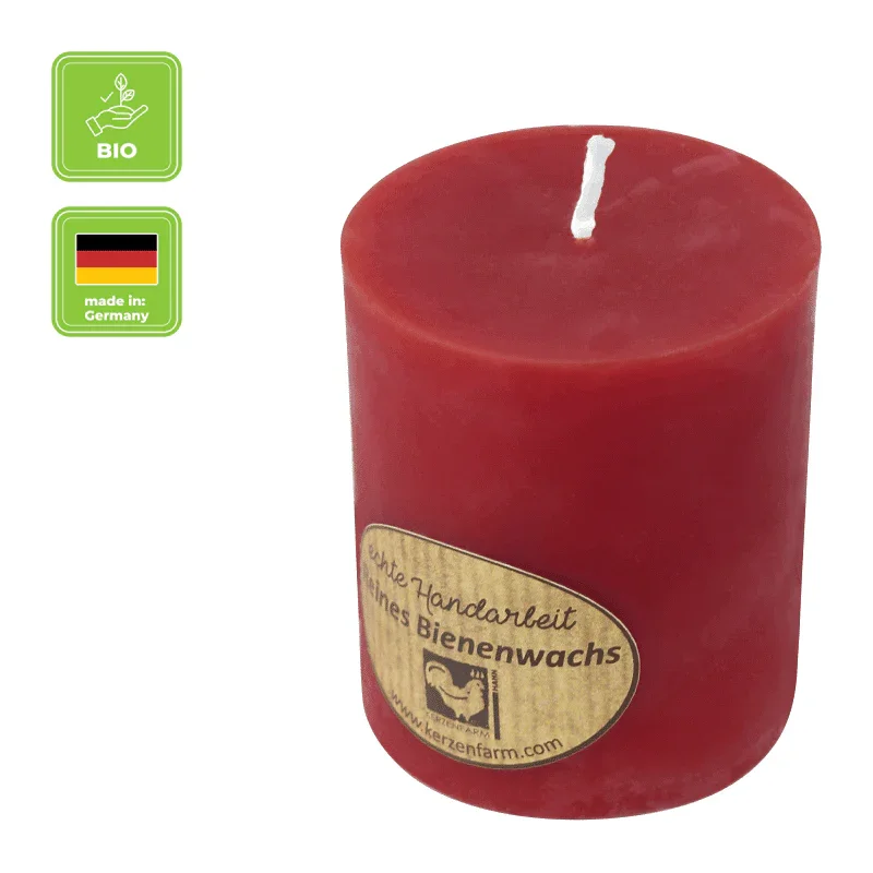 Stumpenkerze, 100% reines Bienenwachs, Dunkelrot, KERZENFARM HAHN, 75/64 mm, Brenndauer ca. 30h