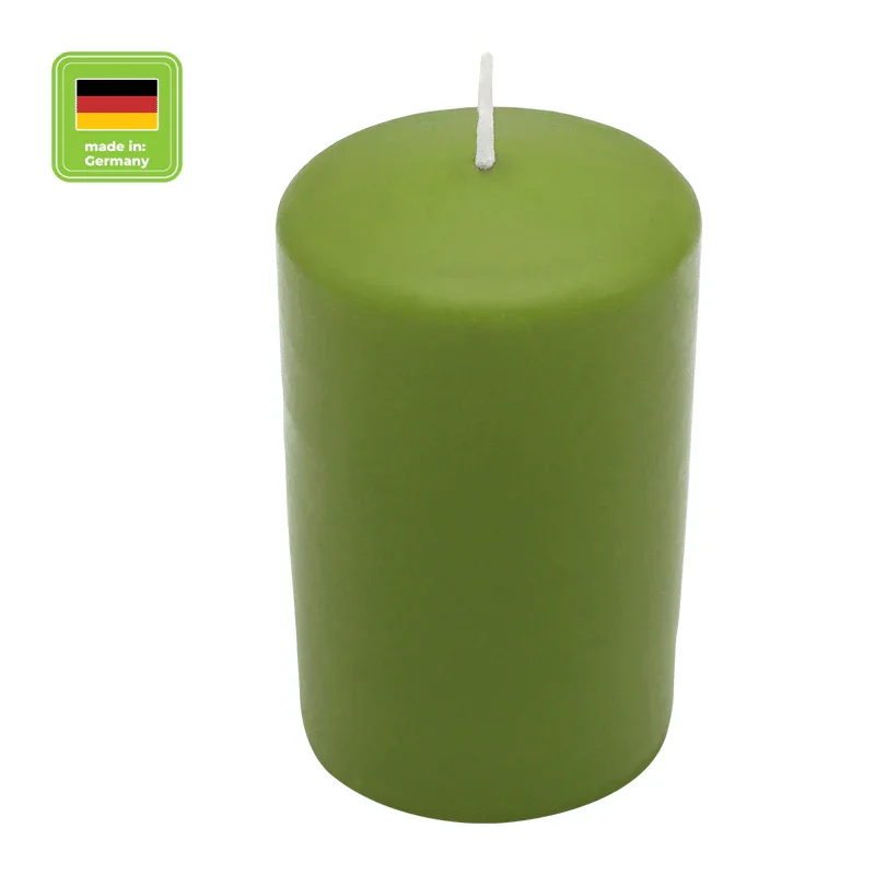 Stumpenkerze aus Paraffin, Olive, WENZEL, 150/80 mm, Brenndauer ca. 73h, selbstverlöschend Öl