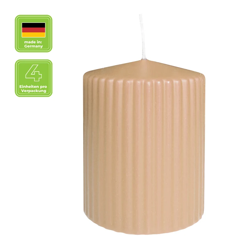 Stumpenkerze mit Rillen aus Paraffin, Erdnuss, WENZEL, 90/70 mm, Brenndauer ca. 39h, selbstverlöschend, 4 Stück