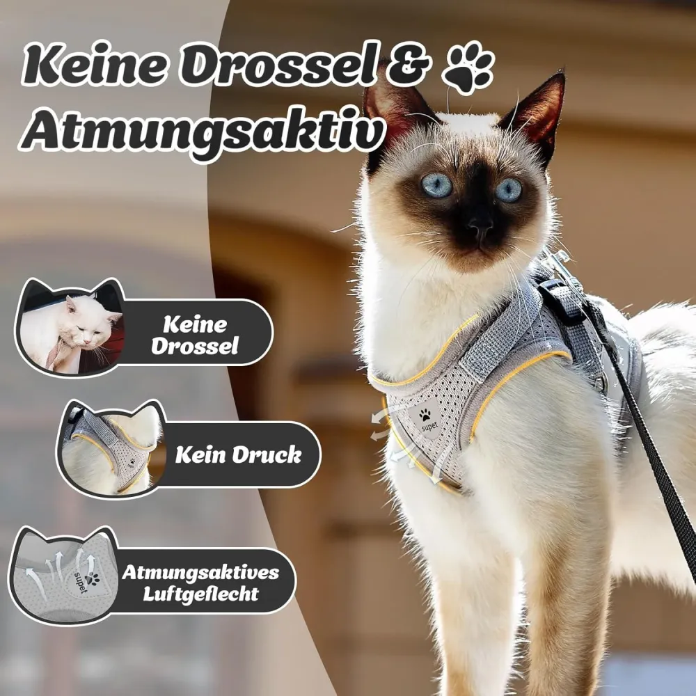 Supet Katzengeschirr mit reflektierendem Band M Grau