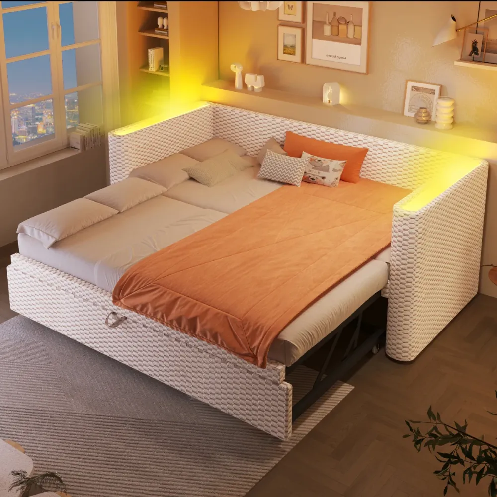 Tagesbett Schlafsofa 90x200 cm ausziehbar auf 180x200 cm Beige aus Samt mit LED-Lichtleiste, mit Lattenrost, ohne Matratze