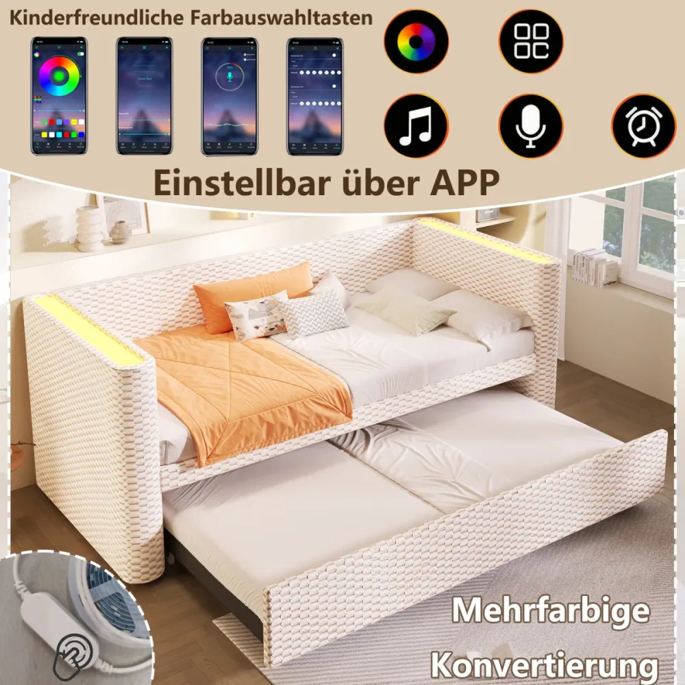 Tagesbett Schlafsofa 90x200 cm ausziehbar auf 180x200 cm Beige aus Samt mit LED-Lichtleiste, mit Lattenrost, ohne Matratze
