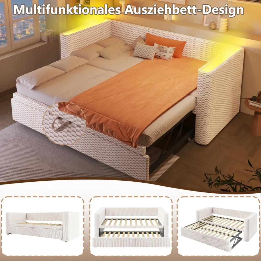 Tagesbett Schlafsofa 90x200 cm ausziehbar auf 180x200 cm Beige aus Samt mit LED-Lichtleiste, mit Lattenrost, ohne Matratze