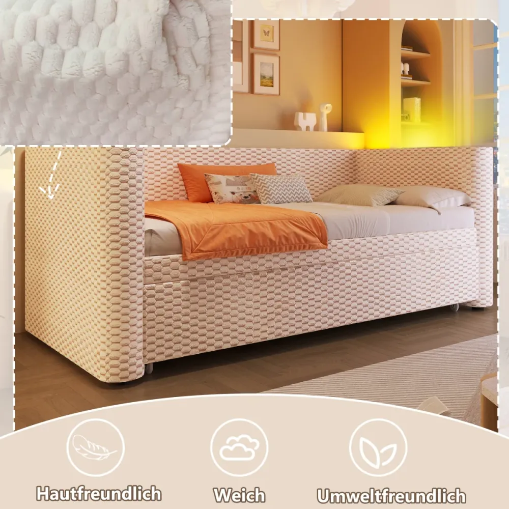 Tagesbett Schlafsofa 90x200 cm ausziehbar auf 180x200 cm Beige aus Samt mit LED-Lichtleiste, mit Lattenrost, ohne Matratze