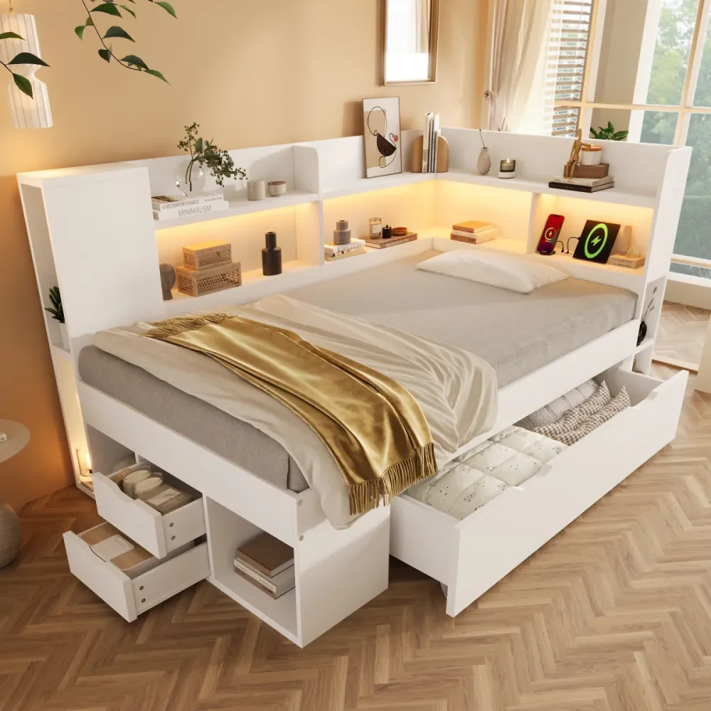 Tagesbett Weiß 90x190 cm mit LED & USB/Type-C, Stauraum, Schubladen & Regalen, Lattenrost, ohne Matratze