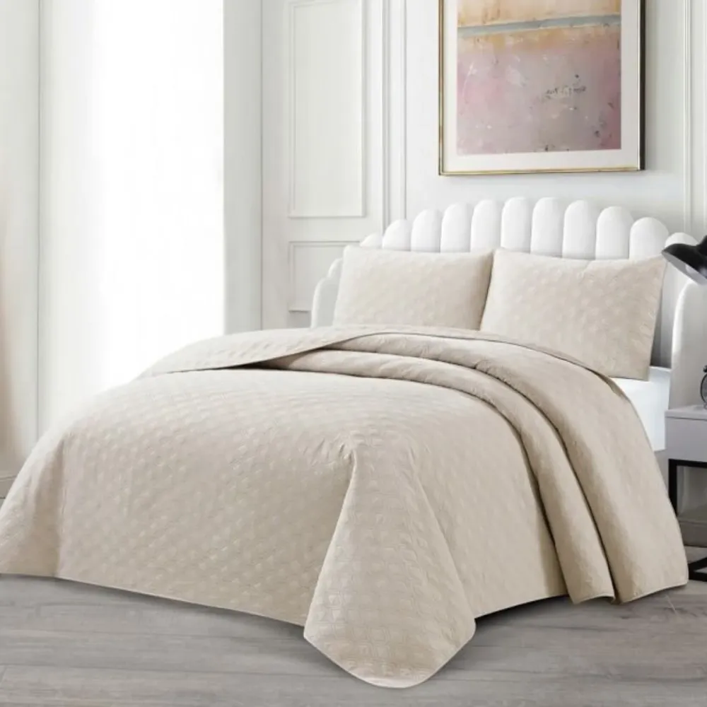 Tagesdecke Set Havin Überwurf Decke 3-Teilig 240 x 250 cm , atmungsaktiv 2-Personen Beige