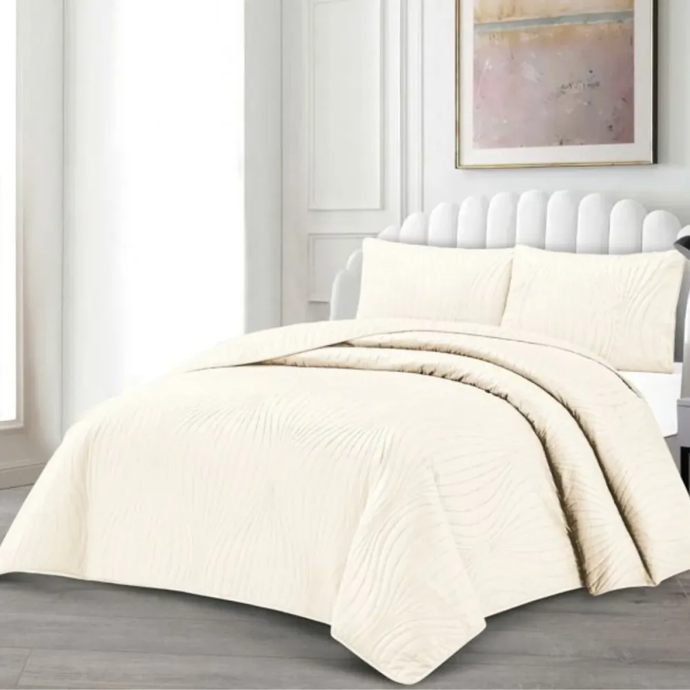 Tagesdecke Set Iris Überwurf Decke 3-Teilig 240 x 250 cm , atmungsaktiv 2-Personen Beige