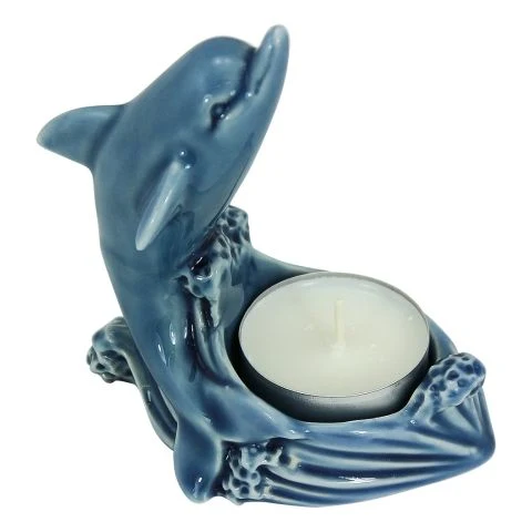 Teelicht Delfin – maritimer Kerzenhalter aus Steingut Blau