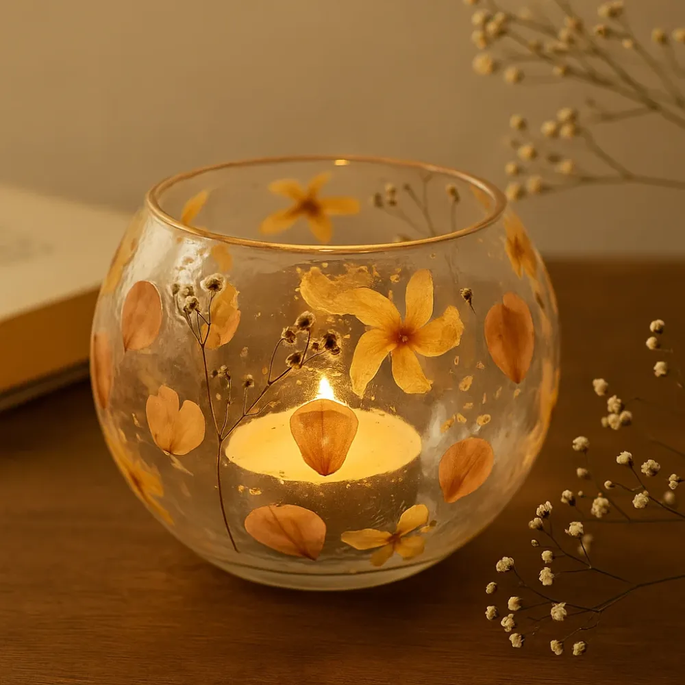 Teelichthalter aus recyceltem Glas mit gepresster Blume 12x13cm