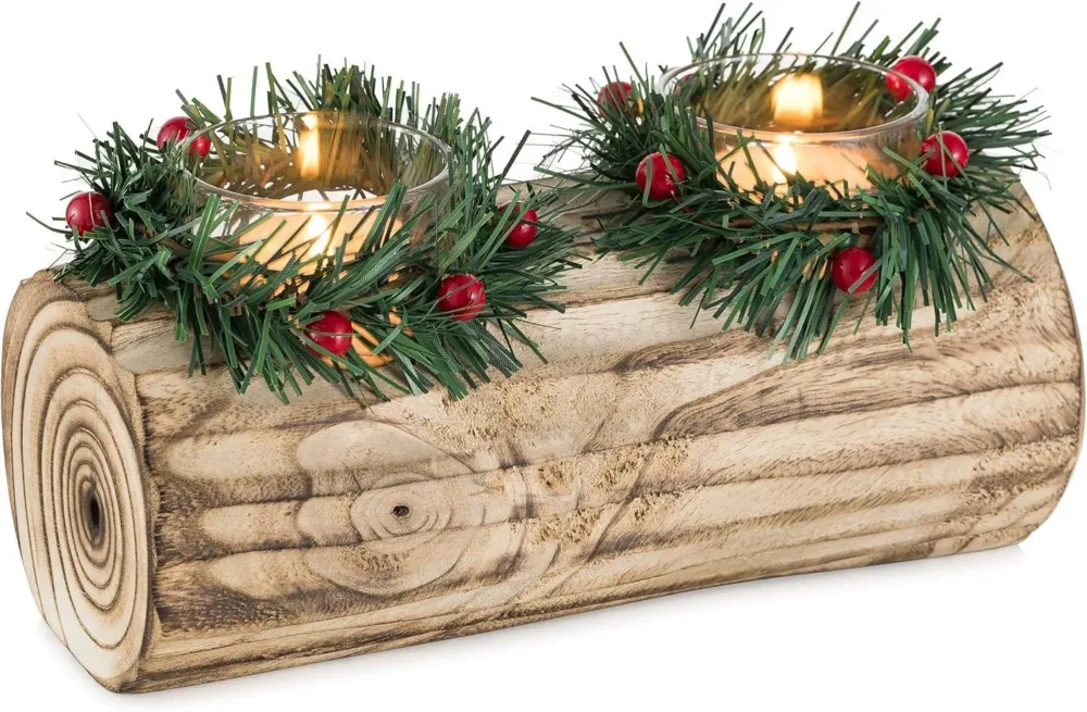 Teelichthalter Weihnachten Holz Yule Log Kerzenständer 23cm