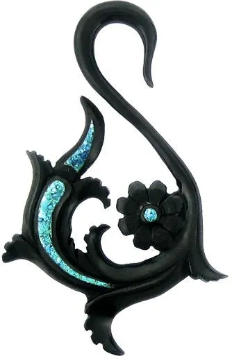 Tribal Buffalo Horn Piercing, schwarze Hookspirale mit türkisfarbenem Inlay, handgeschnitzt aus Büffelhorn, 4mm, Plug, Tun...