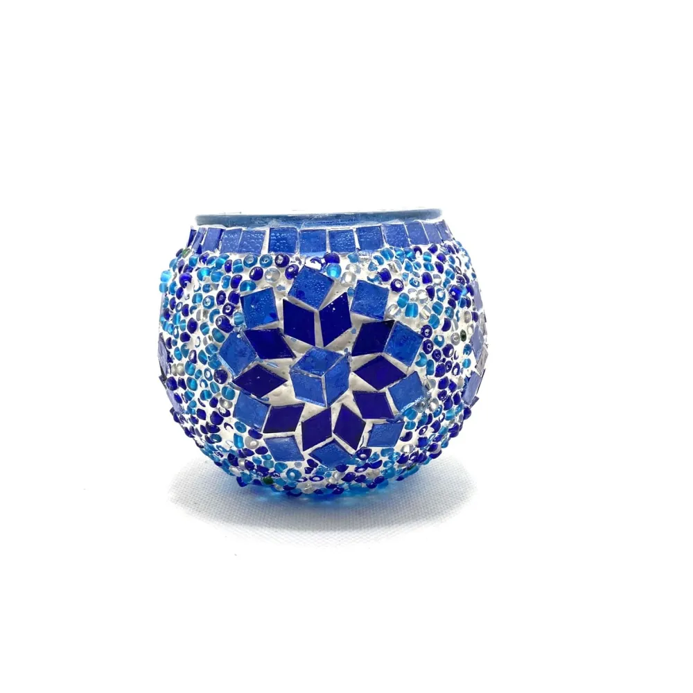 Türkischer Kerzenhalter aus blauem Mosaikglas