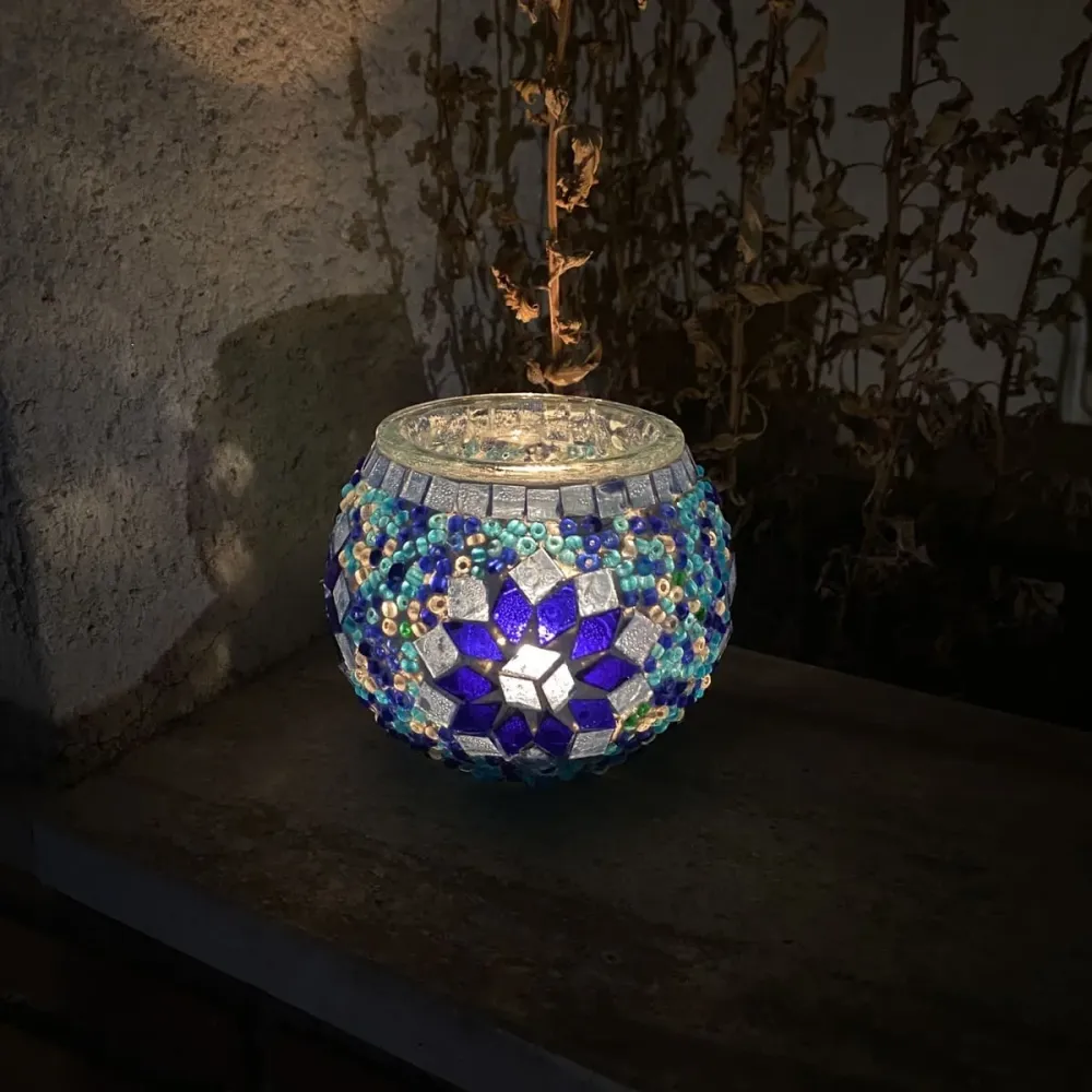 Türkischer Kerzenhalter aus blauem Mosaikglas