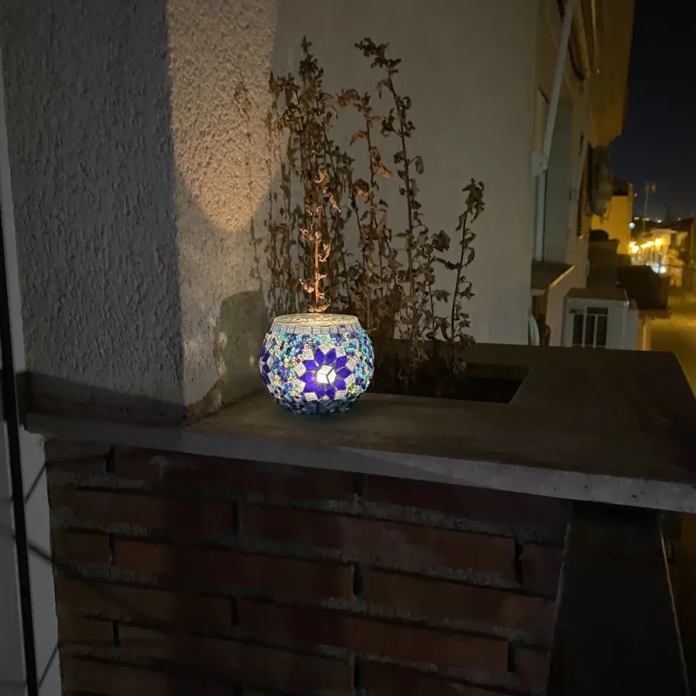 Türkischer Kerzenhalter aus blauem Mosaikglas