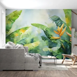 Tropische Tapete | Aquarell Bananenblätter und Paradiesvogel