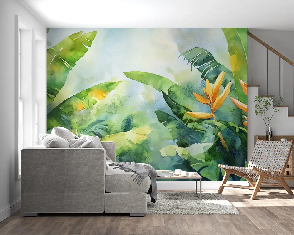 Tropische Tapete | Aquarell Bananenblätter und Paradiesvogel