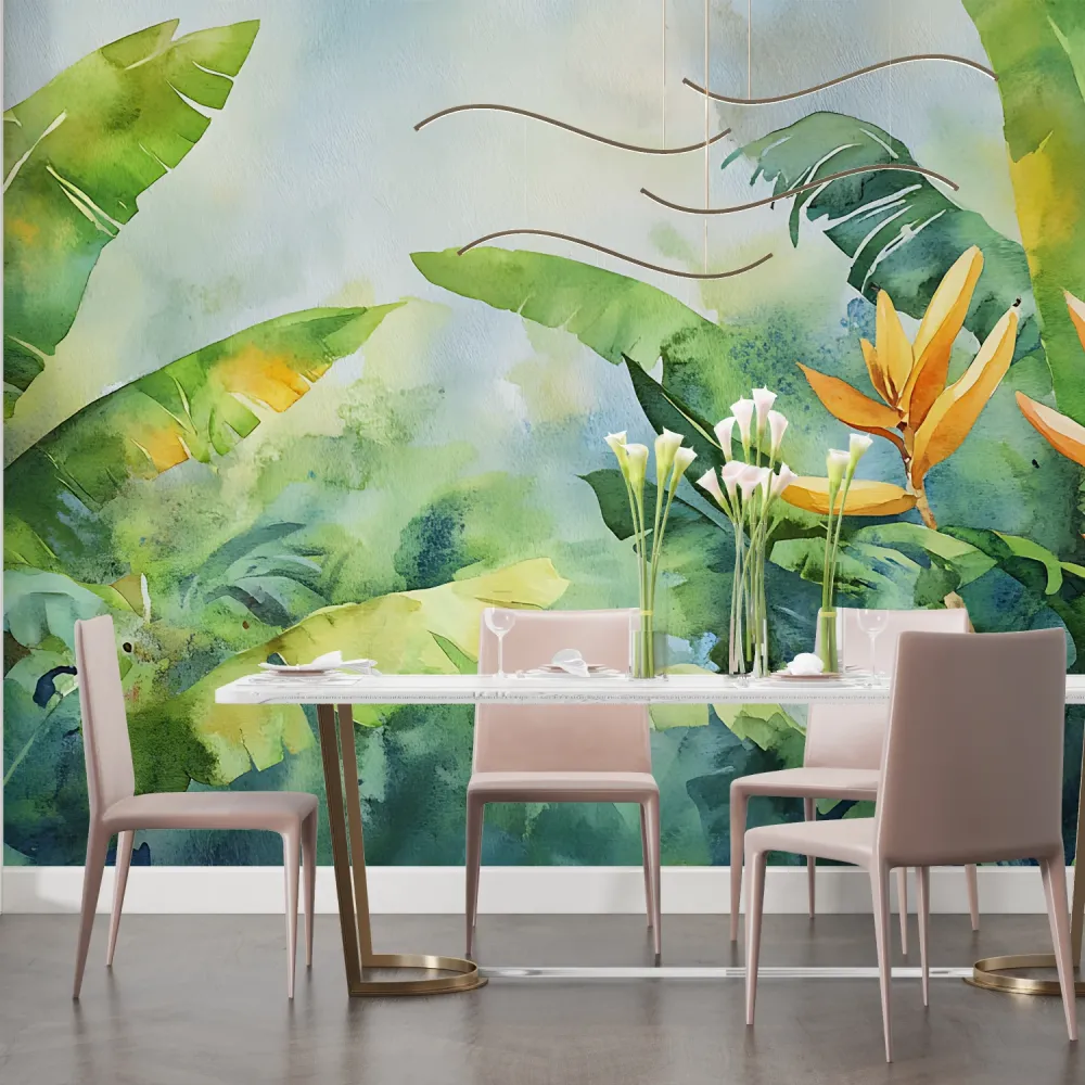 Tropische Tapete | Aquarell Bananenblätter und Paradiesvogel