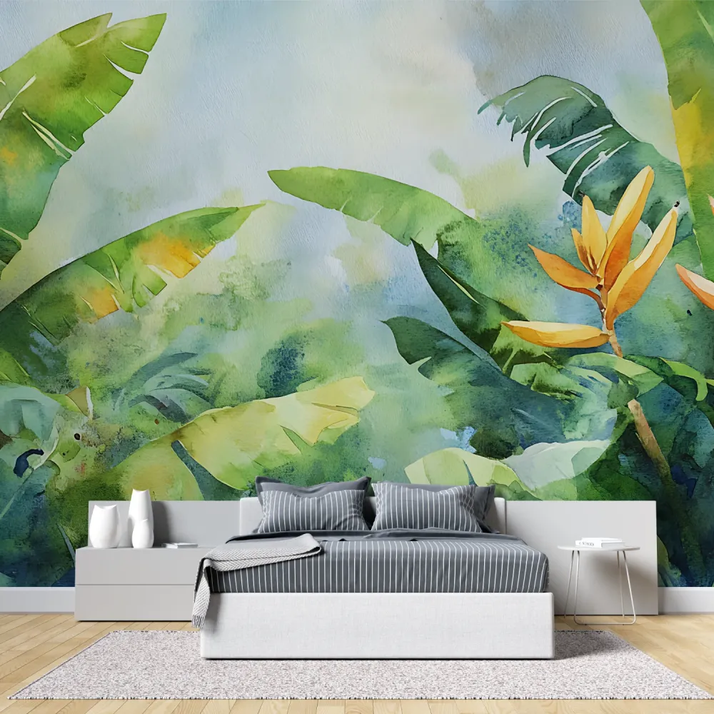 Tropische Tapete | Aquarell Bananenblätter und Paradiesvogel