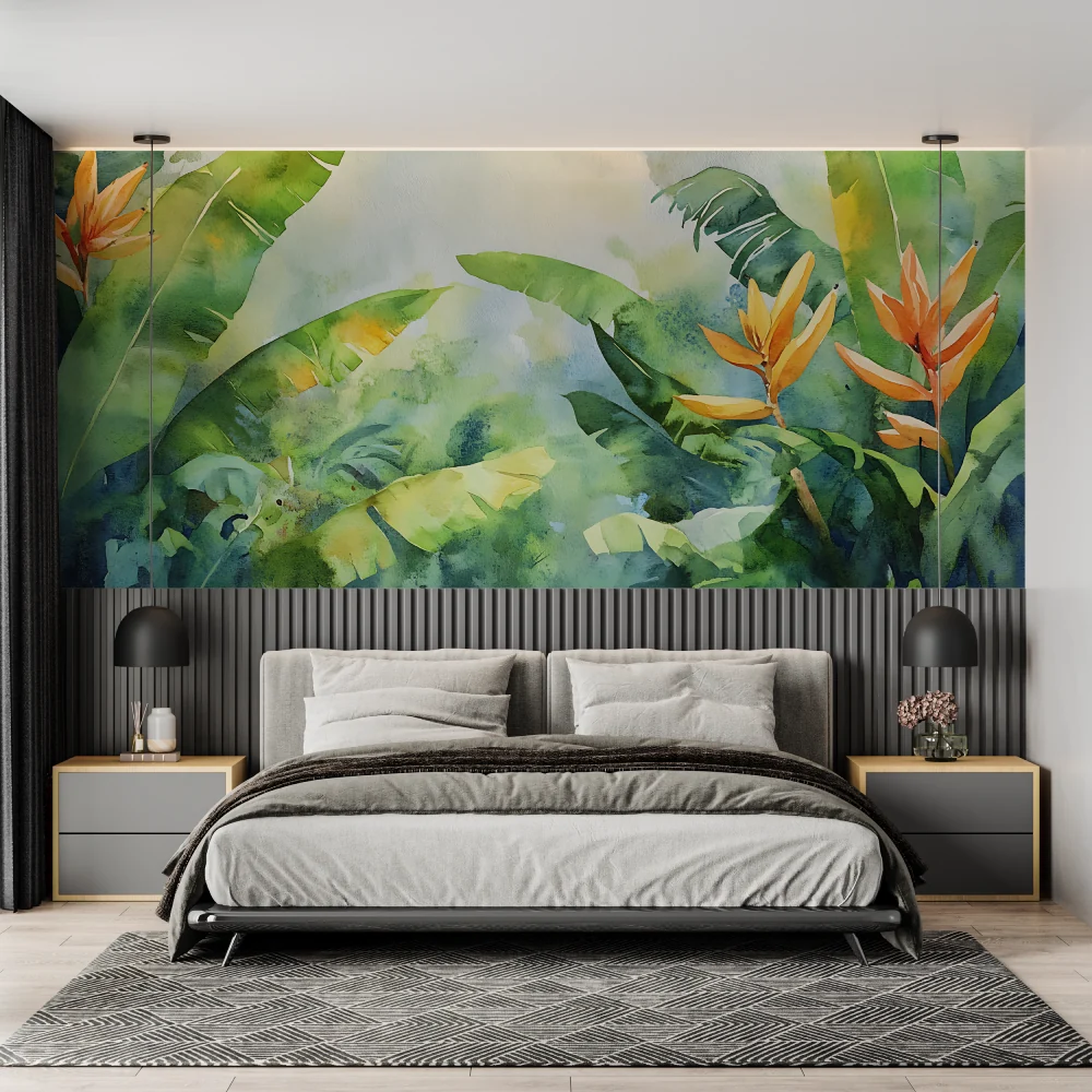 Tropische Tapete | Aquarell Bananenblätter und Paradiesvogel