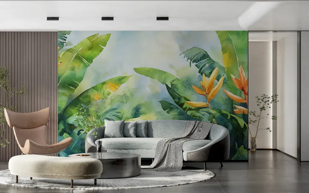 Tropische Tapete | Aquarell Bananenblätter und Paradiesvogel